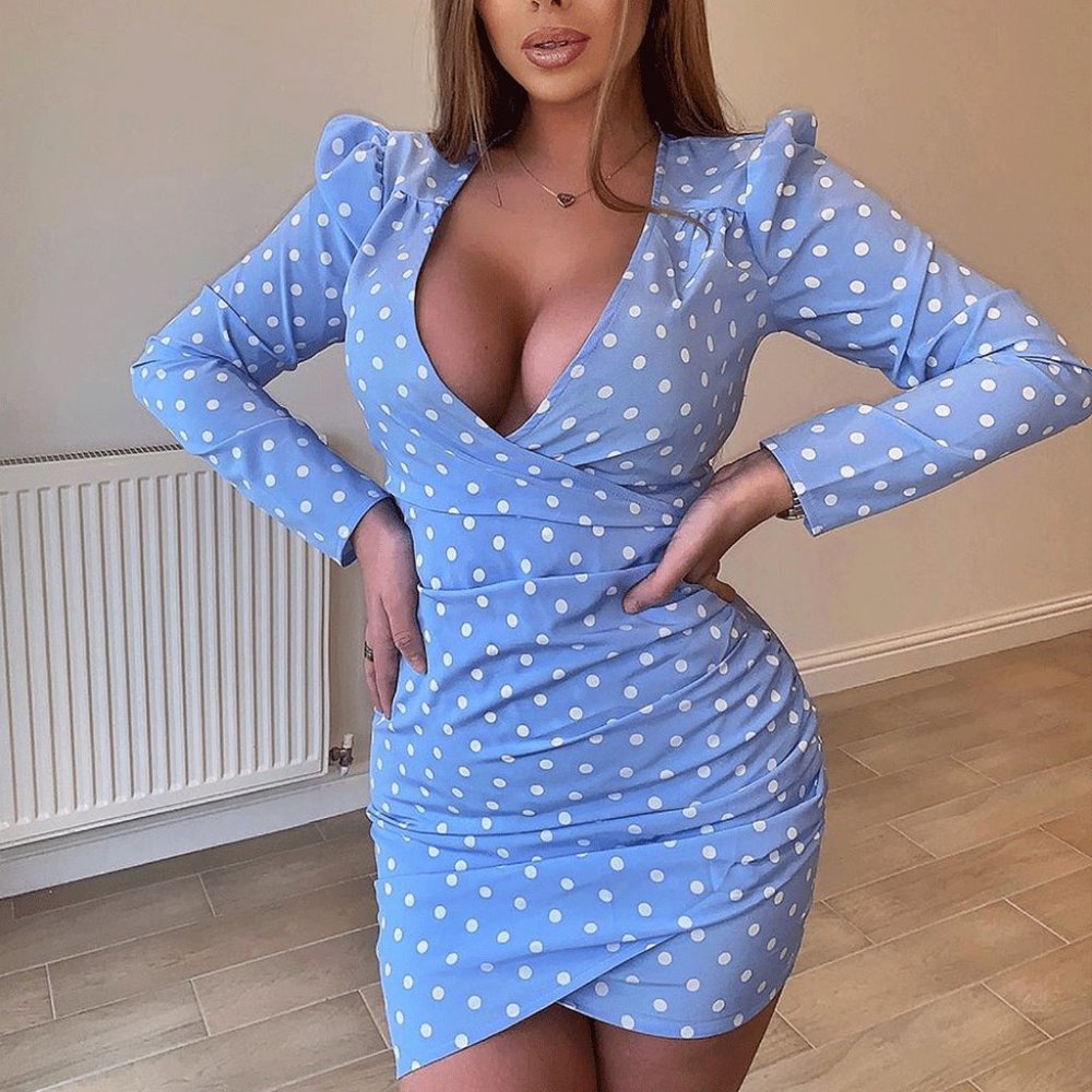 Polka Dot Long Sleeve V-Neck Bodycon Mini Dress - Picture 6 of 8